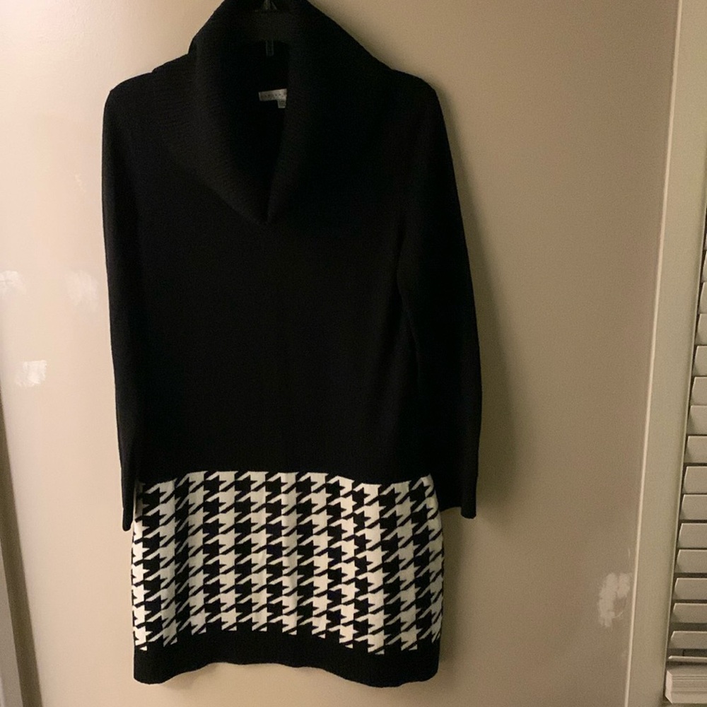 Cowl neck sweater dress.